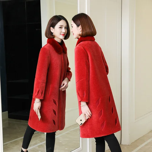 Red Пальто из натурального меха, женская зимняя куртка с воротником из натурального меха норки, женская одежда, корейские длинные пальто для стрижки овец, меховые Топы 518033 - Цвет: Red