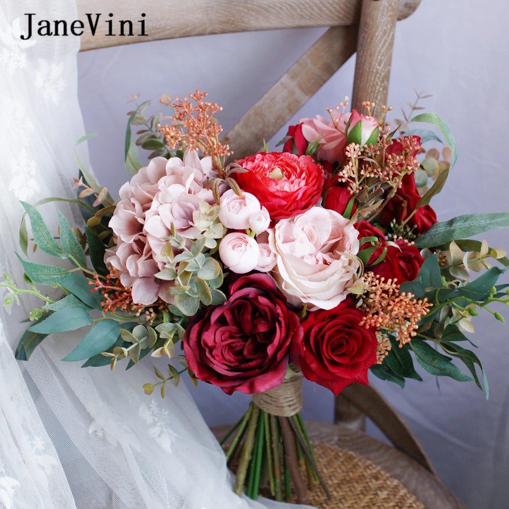 JaneVini 2020 Dark Red Bridal Bouquets Fake Flowers Vintage Handmade Pink Silk Rose Bride Bridesmaid Bouquet Wedding Accessories