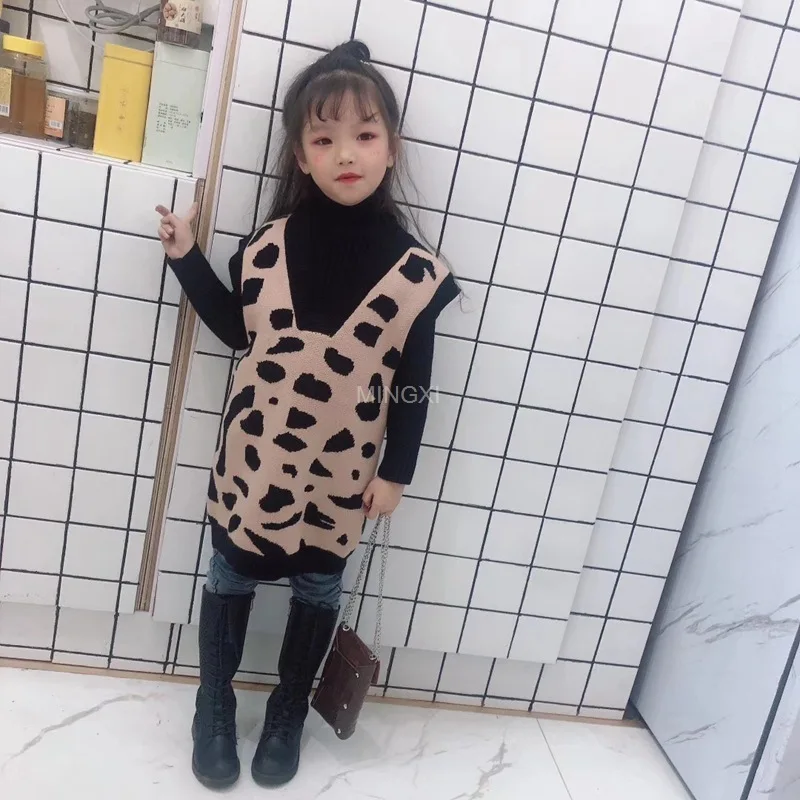 Детская одежда г., зимний детский костюм детский леопардовый комплект из двух предметов, Длинная модель для девочек, Иностранная Мода