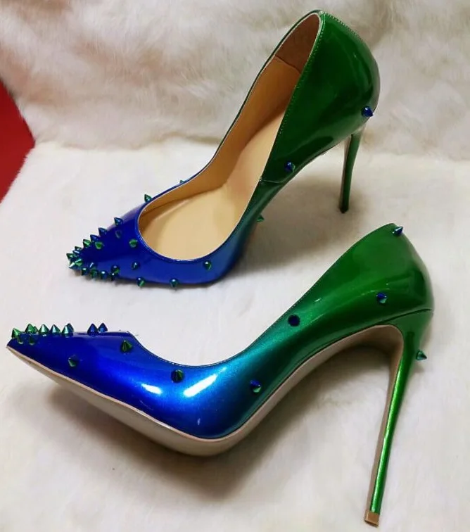 

Gradient Color Rivets High Heel Pumps Patent Leather Pointed Toe Stiletto Heel Shallow Dress Shoes Spikes Heels Pump