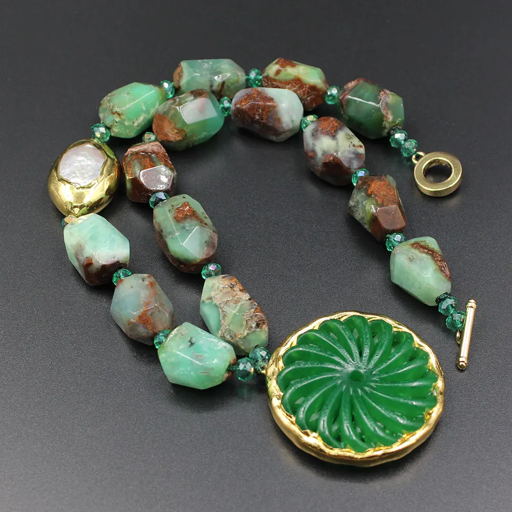 

GG Jewelry Natural Keshi Pearl Gold Plated Faceted Green Chrysoprase Necklace Green Jade Carven Pendant For Women