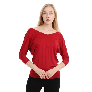 

Women's Solid Tee Shirt New V-neck Bat seven-point Sleeves Back Button T-shirt Loose Tops Robe Femme