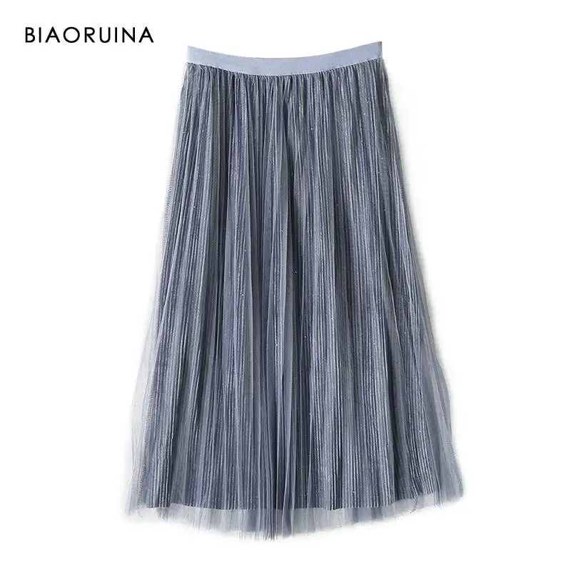 blue(with sequines) BIAORUINA, 5 цветов, атласная Лоскутная сетчатая женская повседневная юбка в складку, женская элегантная Однотонная юбка до колена, один размер - Цвет: blue(with sequines)