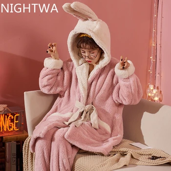 

NIGHTWA 2020 Winter Warm Thicken Robe Flannel Long Sleeve Nightwear Woman Cartoon Cute Leisure Animal Thick Pajamas Sleepwear