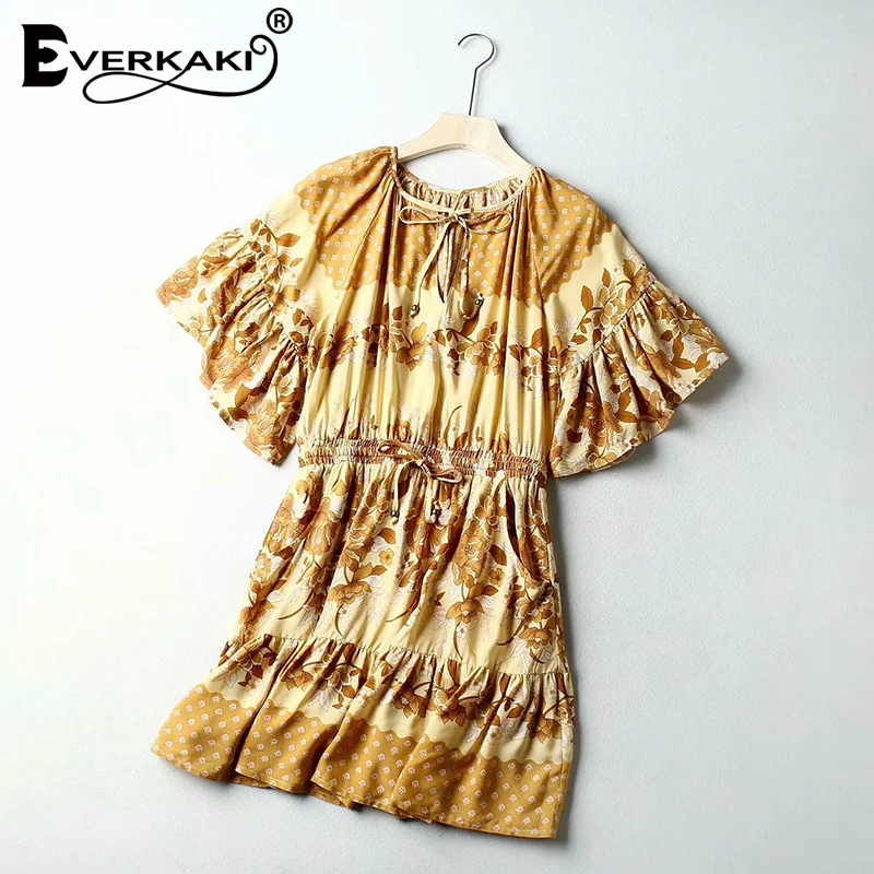 Everkaki Boho Короткое женское платье с поясом и цветочным принтом летние платья