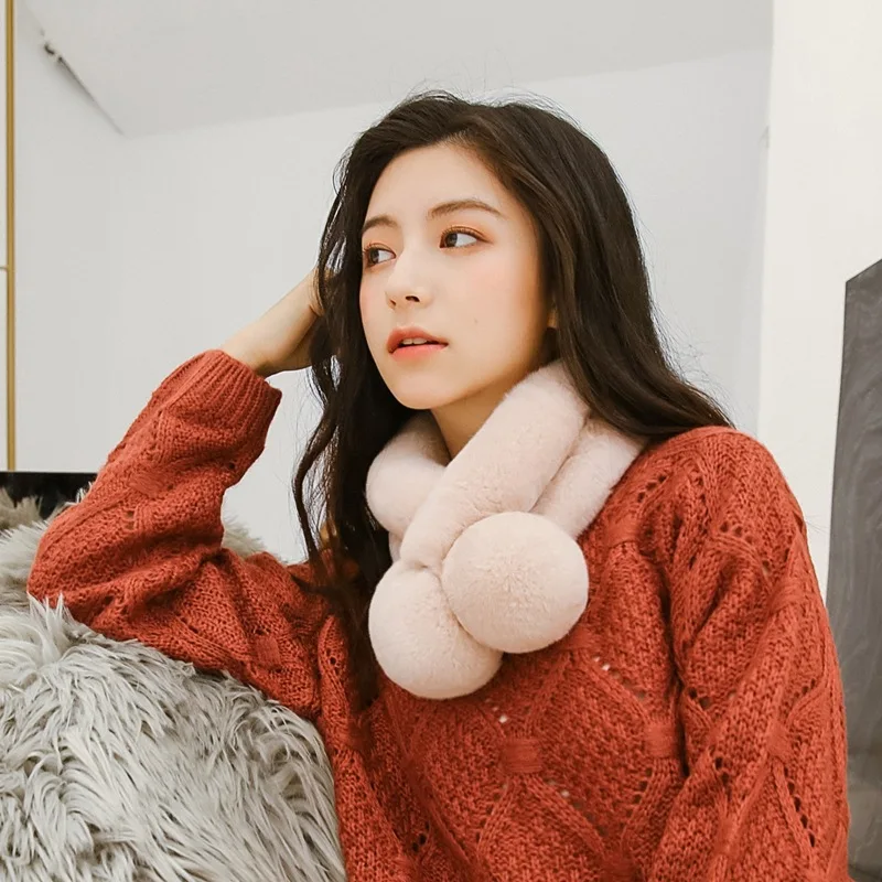 

2019 New Style Autumn And Winter New Style Ball Faux lai tu Velvet Cashmere Wool Scarf Small Collar Scarf Women's Knitted