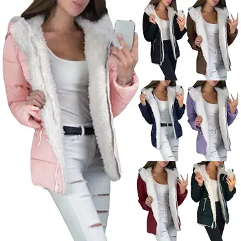 

Women Autumn Winter Solid Color Zipper Hooded Jacket Thickened Warm Cotton Coat