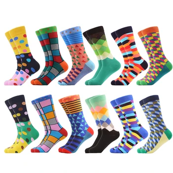 

SANZETTI 12 Pair/Lot 2020 New Funny Men Casual Classic Colorful Geometry Cube Diamond Dots Print Dress Party Happy Socks