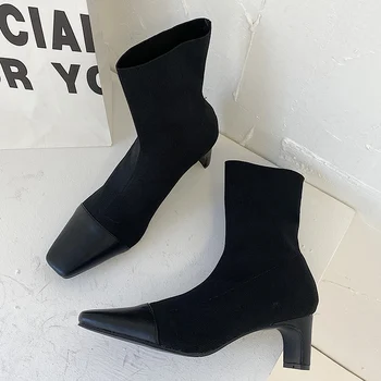 

Winter Luxury Women INS Block Heels Sock Boots High Heels Knitting Stretch Boots Designer Yarn Elastic Ankle Boots Party Shoes