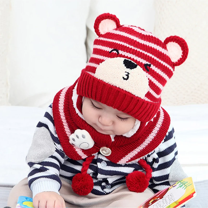 Loozykit 2 pcs Warm Hat Suit Baby Boy Girls Thermal Knitted Cartoon Bear Hat Scarf Toddler Winter Fleece Cap Set