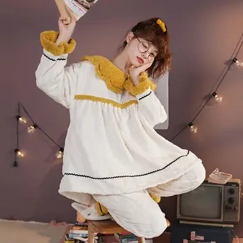 

Pajama Women Winter Warm Suit Solid Color Long Sleeve Coral Velvet Home Clothing Soft Kawaii Lovely Simple Korean Style Womens