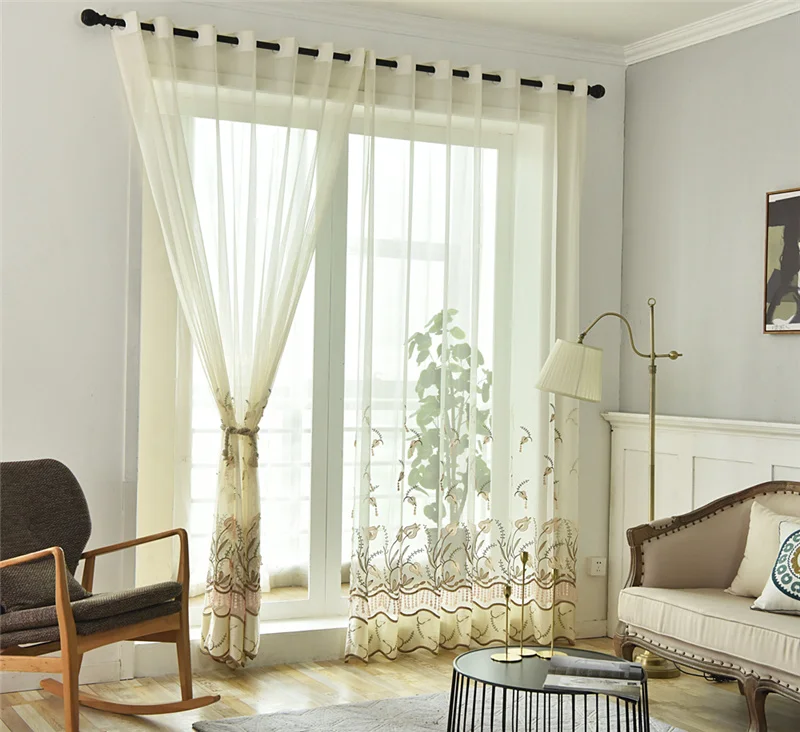 Flower Embroidery Sheer Tulle for Living Room Beaded Pattern Window Drapes for Balcony Plant Glass Yarn for Bedroom X-WP437#2