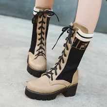 AIWEIYi/женские сапоги до середины колена; зимняя теплая обувь на меху со шнуровкой; женские Ботинки martin; обувь на платформе на Высоком толстом каблуке