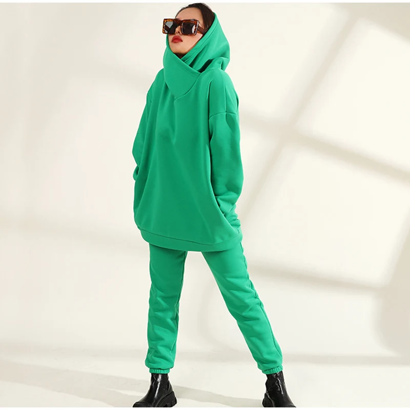 Women Solid Fleece Hooded Jogger Pants And Tracksuit Two Piece Sets 2021 Autumn Winter Female Fashion Oversized Sportswear Suits women's warm up suits