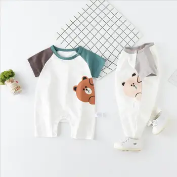 

7plus1 new born baby cartoon animal bear printing patchwork cute girl rompers boys summer soft jumpsuits for 0-3M 3-6M 9-12m 2T
