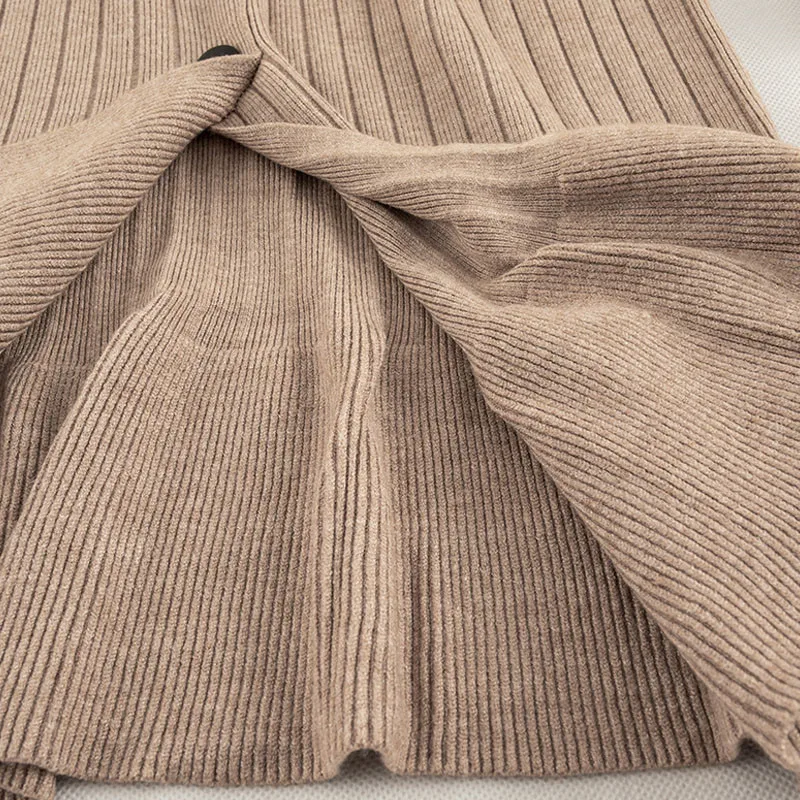 Autumn Winter Ruffle Women Knitted Skirts High Waist Mermaid Skirt Knitting Single Breasted Midi Skirt Irregular Femme Jupe
