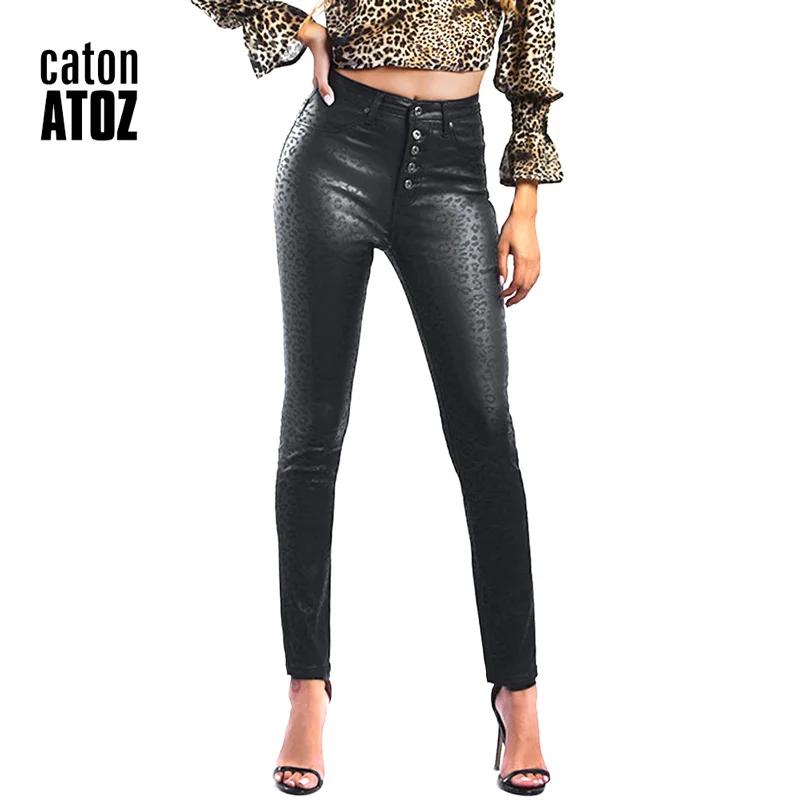 CatonATOZ 2218, женские модные черные панковские байкерские штаны, женские Стрейчевые облегающие брюки из плотного бархата со змеиным узором, штаны из искусственной кожи - Цвет: Black