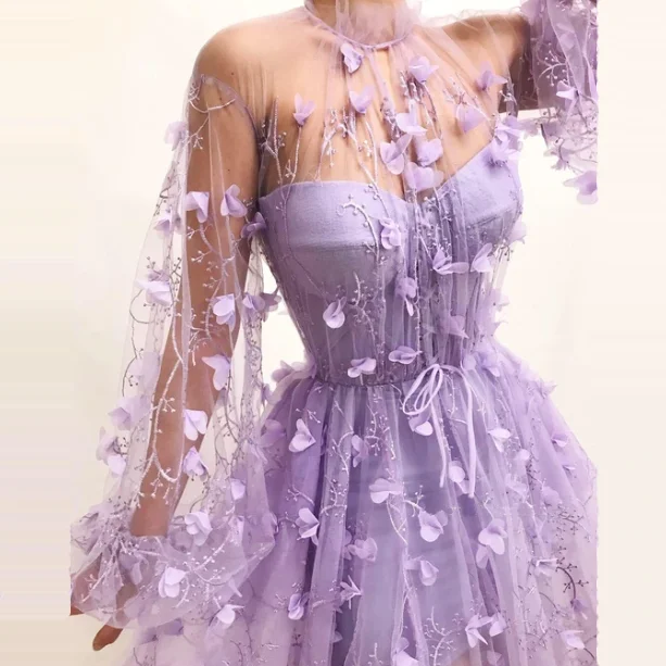 Vestidos elegantes Lavender вечерние платья трапециевидной формы с длинными рукавами ручной работы с цветочной аппликацией с высоким воротом С Боковым Разрезом платья для выпускного вечера