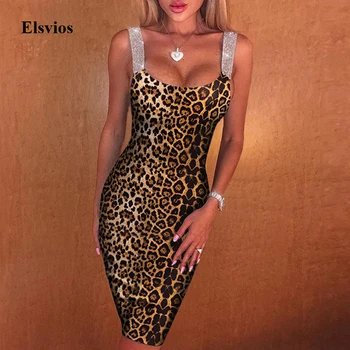 

Sexy Glitter Shiny Strap Party Dress Elegant Women Leopard Print Bodycon Dress Spring Summer Sleeveless Backless Dress Club Wear