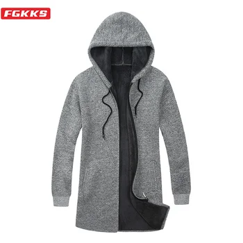 

FGKKS Winter New Men Cardigan Sweaters Men's High Quality Plus Velvet Sweater Coats Casual Brand Solid Hooded Sweater Male