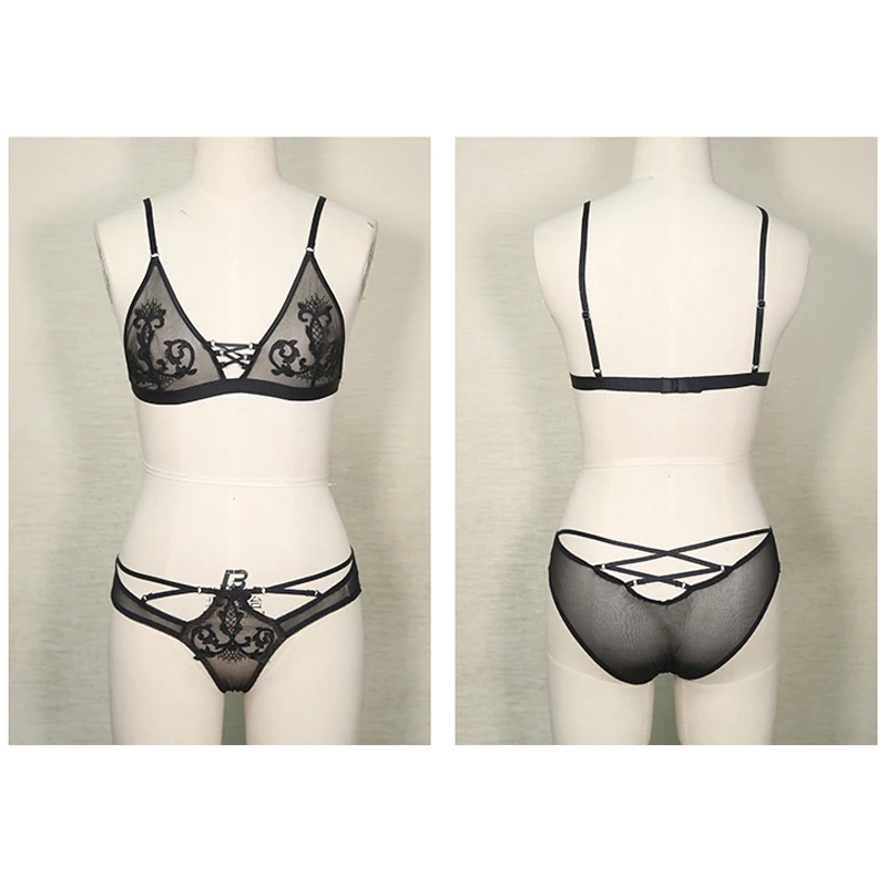 Female New Products Embroidered French Triangle Cup Lace Cardigan Perspective Nightgown Set+ Bra Set 3 Piece Set
