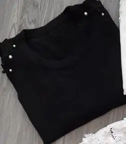 solid black LUOSHA женский осенне-зимний кружевной топ с вырезами, жемчужный пуловер и свитер, полосатый вязаный лоскутный женский модный топ, Pull Femme - Цвет: solid black