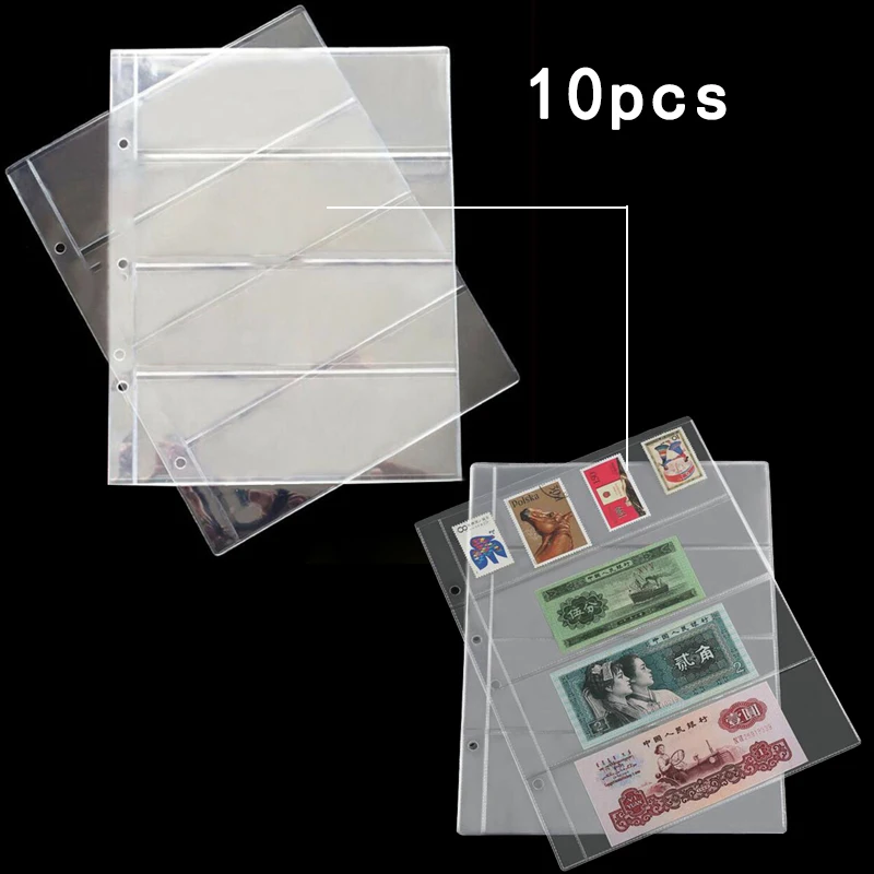 10Pcs A4 Banknotes Currency 4-Pocket Holders Pages Album Paper Money Sleeves Paper Money Album Page for Collection show display