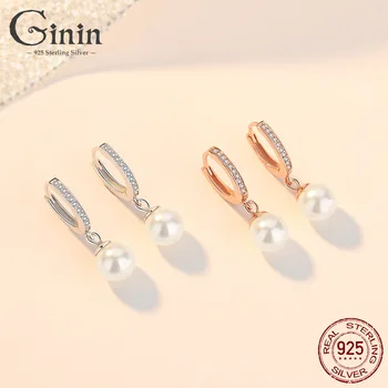 

GININ 100% 925 Sterling Silver Round Zircon Temperament Luxury Fresh Water Pearl Drop Earrings For Women Girl Party Gift Jewelry