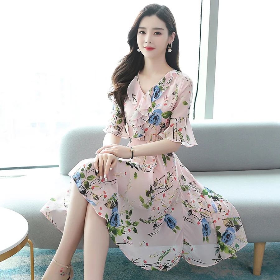 2022 Fashion Elegant Pink Print Chiffon Sweet Mini Dress Summer 2XL Plus Size Vintage Runway Women Bodycon Party Vestidos | Женская
