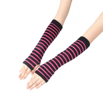

Women Girls Knitted Fingerless Long Gloves Stripes Printed Over Elbow Length Winter Stretchy Arm Warmer Sleeves with Thumb Hole