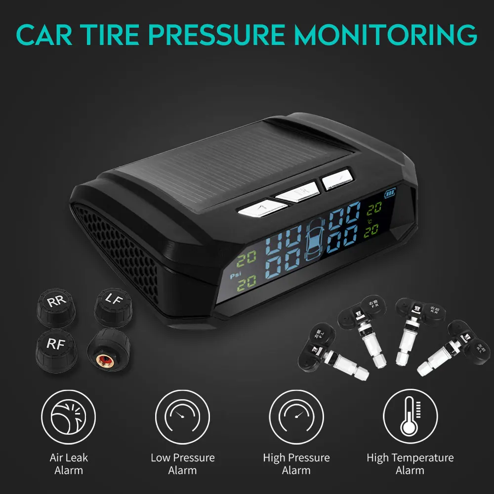 Безопасность шин контроль давления автомобиля Авто TPMS 4 шт. датчик давления в шинах сигнализация USB солнечной энергии автомобилей ЖК-дисплей цветной экран