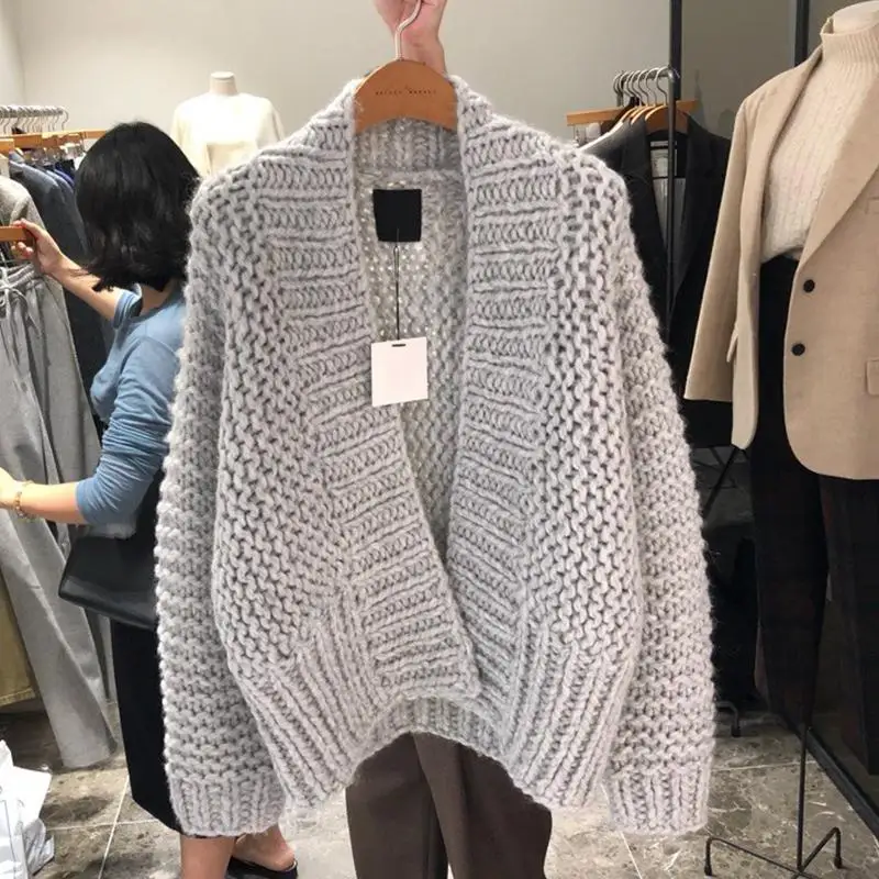Gray FMFSSOM осень зима вязаные шерстяные полые однотонные Теплые повседневные свободные открытые стежки женские кардиганы свитер - Цвет: Gray