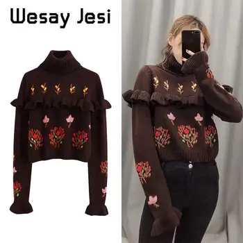 

Autumn Winter 2019 women sweaters Flowers knitting england vintage o-neck Lotus leaf sweater streetwear women pullovers tops