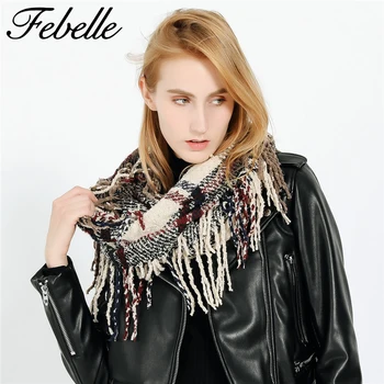 

Febelle Winter Women Plaid Scarf Cashmere Knitted Snood Scarf Warm Sarf Infinity Scarves Neckchief Circle Ring Scarf Female