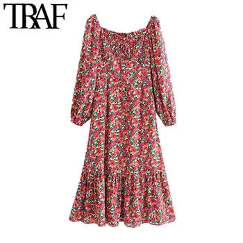 

TRAF Women Chic Fashion Floral Print Ruffled Midi Dress Vintage Long Sleeve With Lining Female Dresses Vestidos Mujer