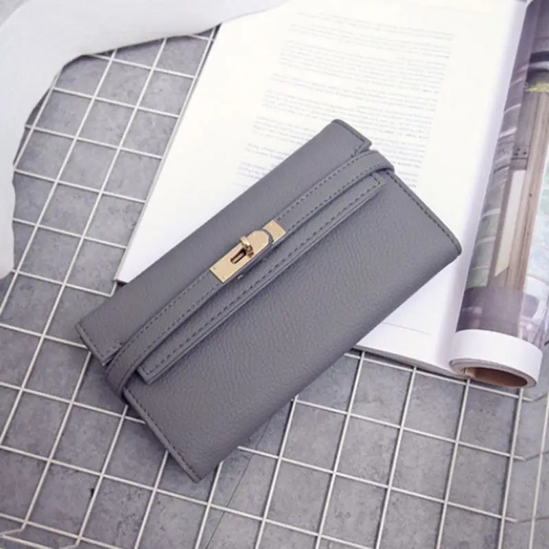 light gray Кошелек из искусственной кожи, роскошные кошельки, женские сумки, дизайнерские, высокое качество, держатель для карт, сплошной цвет, кошелек на застежке, большая вместительность, клатч - Цвет: light gray