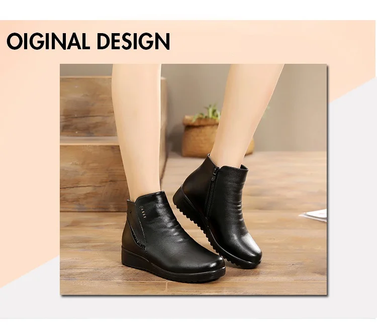 Winter New Women Platform Shoes Woman Genuine Leather Flat Ankle Boots Elderly Warm Snow Boots Mother Cotton Shoes Size 35-41
