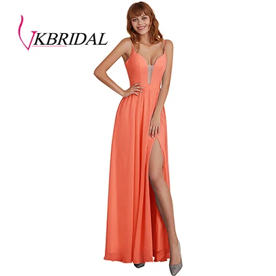 VKbridal High Slit Chiffon Bridesmaid Dresses Deep V-Neck A-line Wedding Guest Formal Wear Lace Up Bridal Wedding Party Dresses - Цвет: Оранжевый