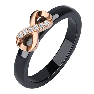 925 Elegant Rings Women 4mm Black White Ceramic Ring India Stone Crystal Infinity Comfort Wedding Rings Engagement Brand Jewelry - Main Stone Color: Black Rose Gold