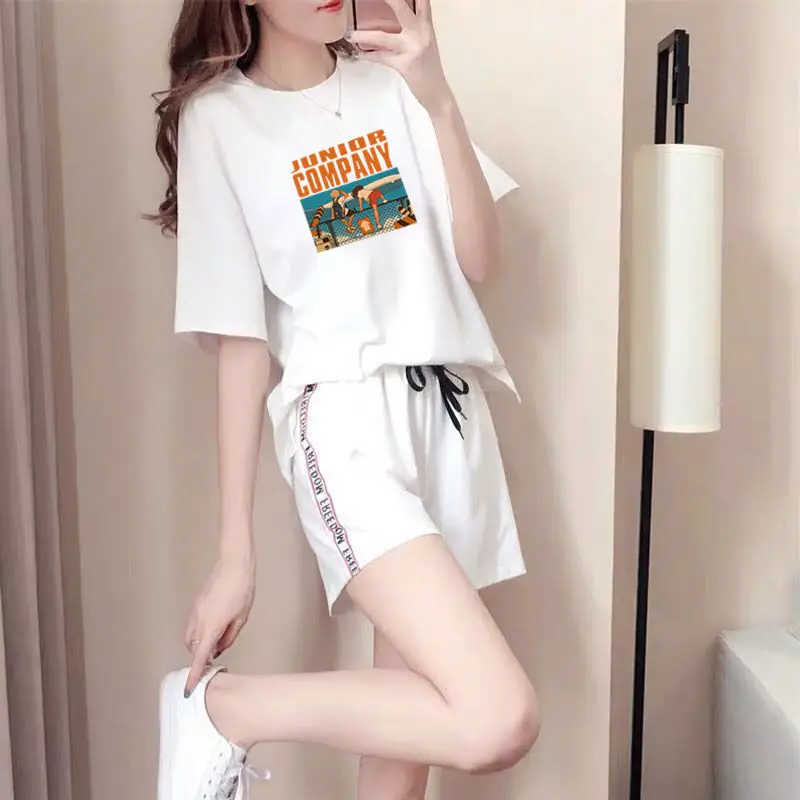 woman White Комплект из двух предметов, спортивный костюм, короткая летняя одежда для женщин, плюс Размер 3xl, Женский Повседневный короткий костюм со штанами, Студенческая верхняя одежда для девочек в стиле Харадзюку - Цвет: woman White