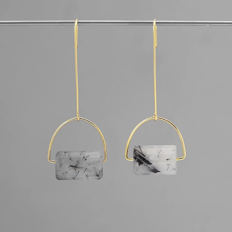 

INATURE 925 Sterling Silver Black Quartz Rutilated Big Geometric Drop Earrings For Women Fashion Modern Jewelry