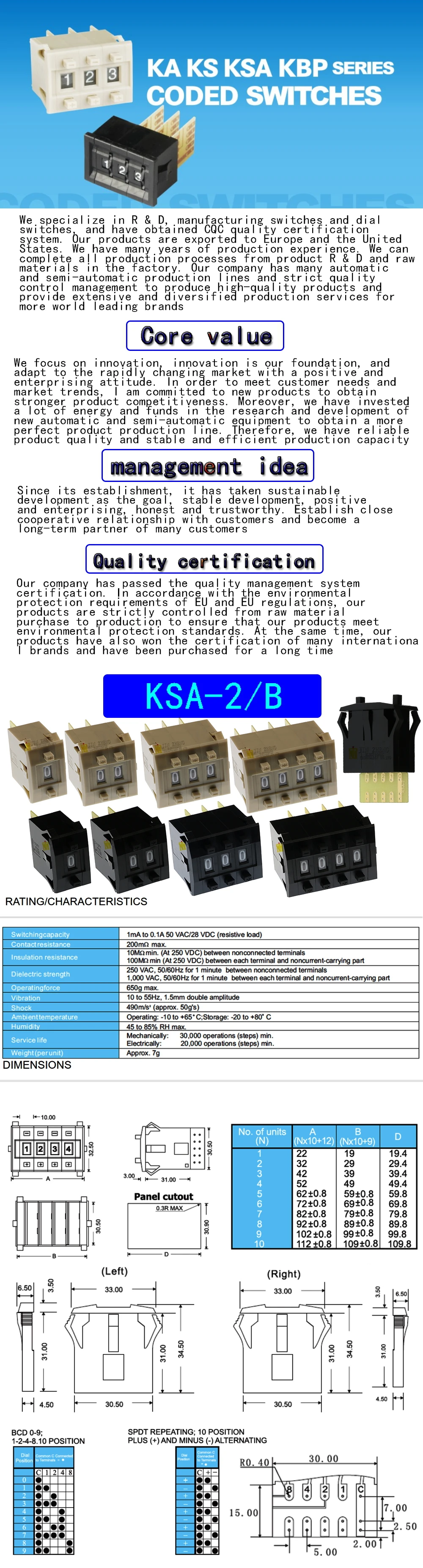 KSA-2/B BCD Code Binary Output Pushwheel /Thumbwheel 8421C Gold Plated terminal block 0-9 Digits Decimal Code Beige Black