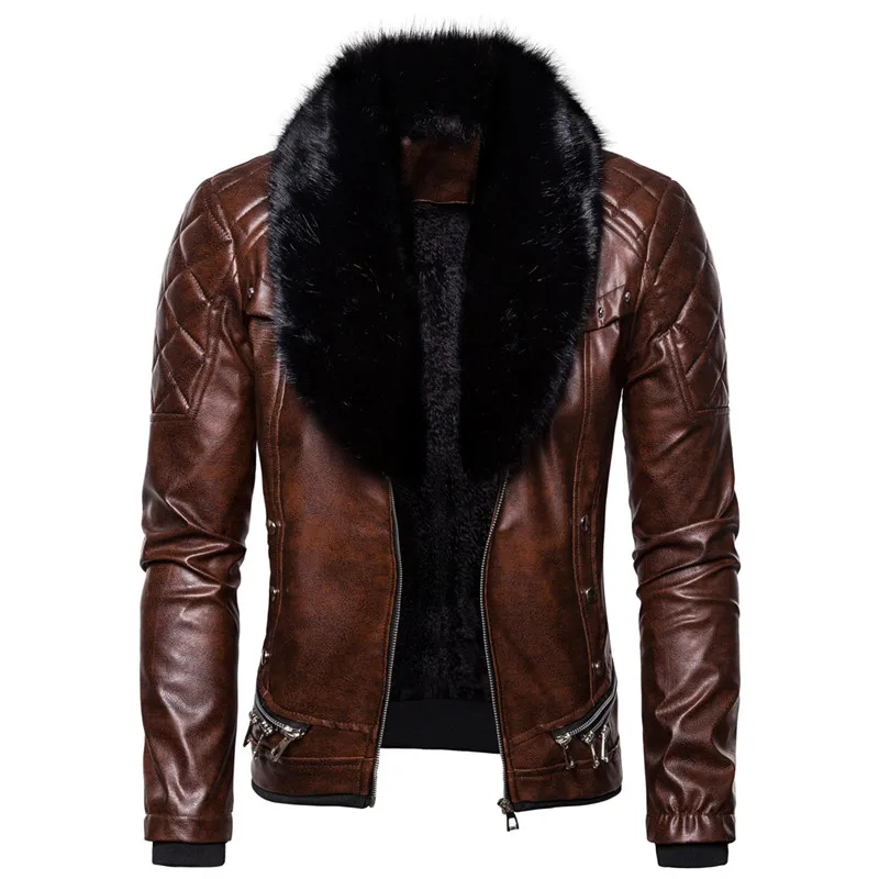 Зимняя мужская повседневная кожаная куртка, мужские теплые пальто в стиле панк, толстая куртка со съемным меховым воротником, ветровка, кожаные куртки