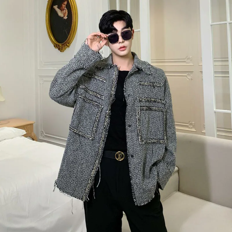 

Men Autumn Woolen Tassels Loose Casual Plaid Jacket Male Women Streetwear Hip Hop Vintage Fashion Thick Shirt Coat Outerwear