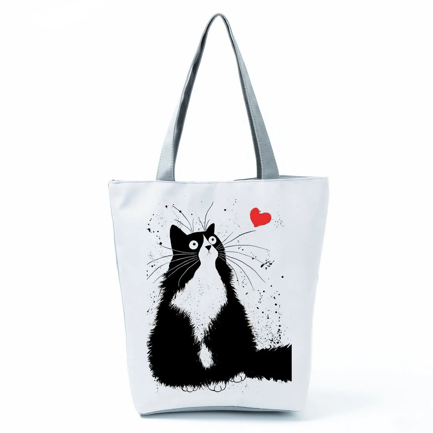 Black Cute Cat Printed Fabric Eco Handbags Cartoon High Capacity Shopping Office Reusable Casual Shoulder Bag Lady Tote Bags wristlet bag Totes