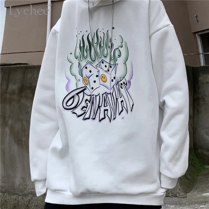 Lychee Harajuku, Женская флисовая толстовка с капюшоном и принтом пламени, весенние, осенние, зимние дамские свитшоты, повседневные свободные женские толстовки с капюшоном