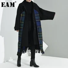 [EAM] длинное шерстяное пальто свободного кроя в зеленую клетку с кисточками большого размера, парки, новинка, длинный рукав, женская мода, Осень-зима, A395