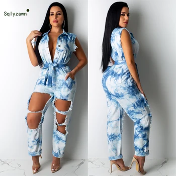 

Sexy Hole Ripped Blue Denim Jumpsuit Women Sleeveless Hollow Out Bandage Belt Tie Dye Vintage Jean Romper Overall Plus Size 2XL