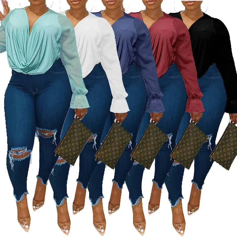 Tops de talla grande para L-5xl, Top corto de manga larga con cuello de pico, gasa de poliéster informal, atuendo de cumpleaños, venta al por mayor