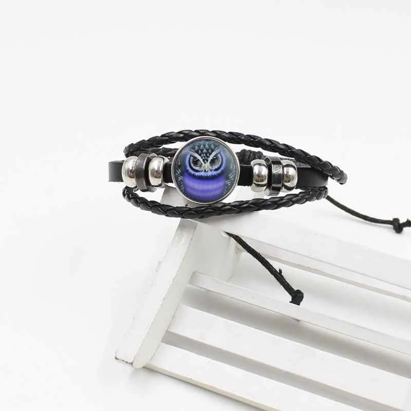 

Vintage Owl Braided Leather Glass Bracelet Creative Trinket Trinket